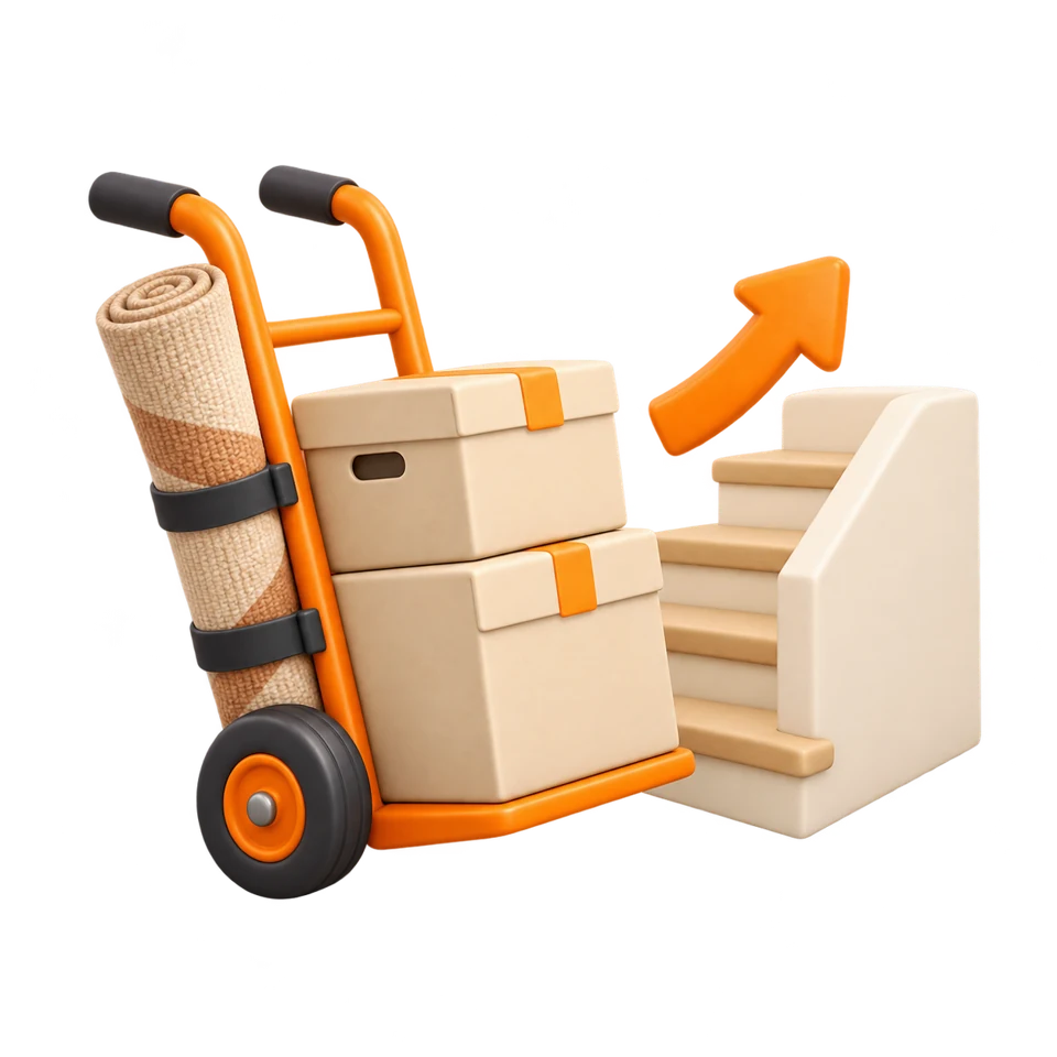 Abtransport von Kisten über eine Treppe – Illustration zur Dachbodenräumung