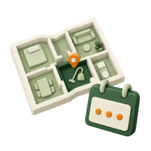 Soft-3D-Grafik: Bedarfsgerechte Reinigung – Raumplan und Kalender