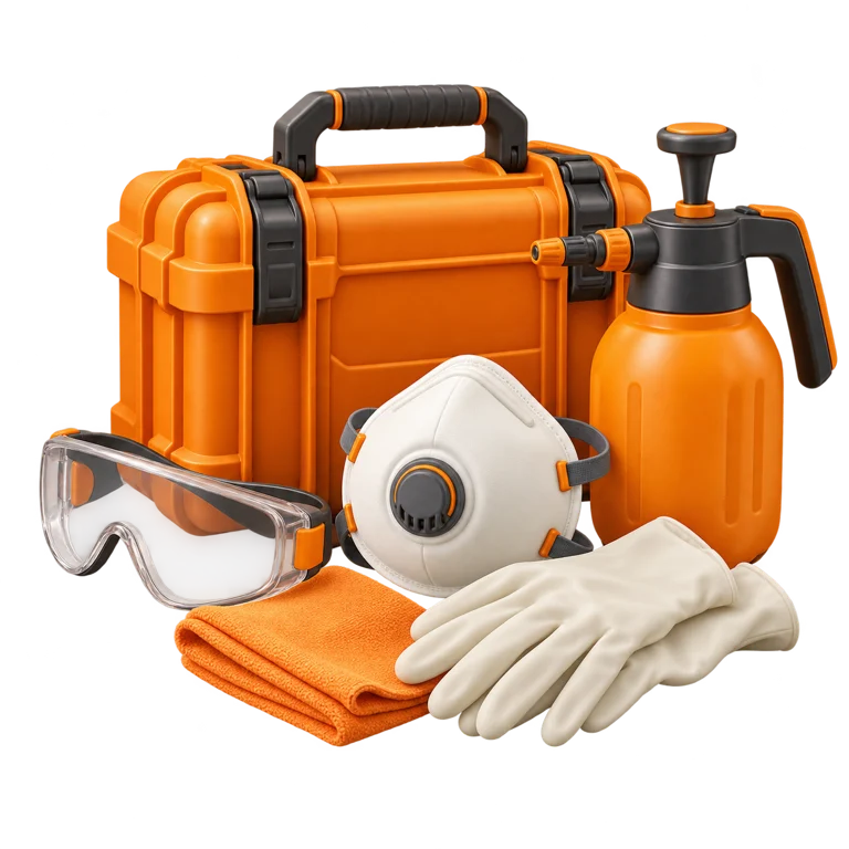 Soft-3D-Grafik: Tatortreinigung – Reinigungskoffer und Schutzausrüstung in RESIO-Orange