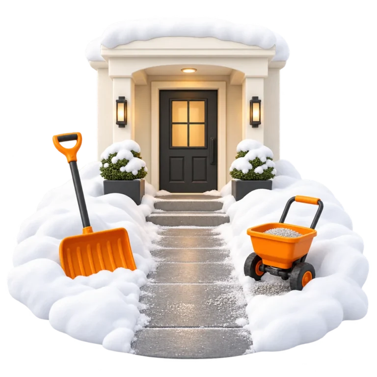 Geräumter Hauseingang mit Schneeschaufel – Illustration zum Winterdienst