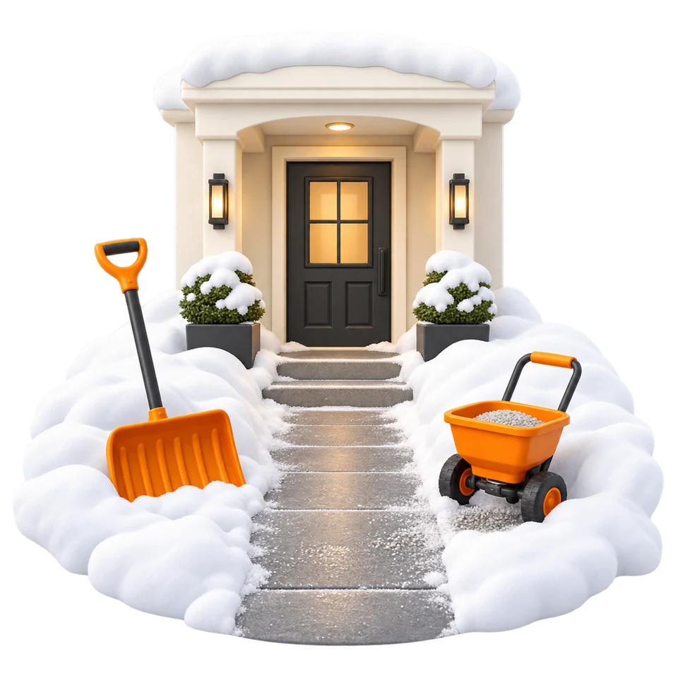 Geräumter Hauseingang mit Schneeschaufel – Illustration zum Winterdienst
